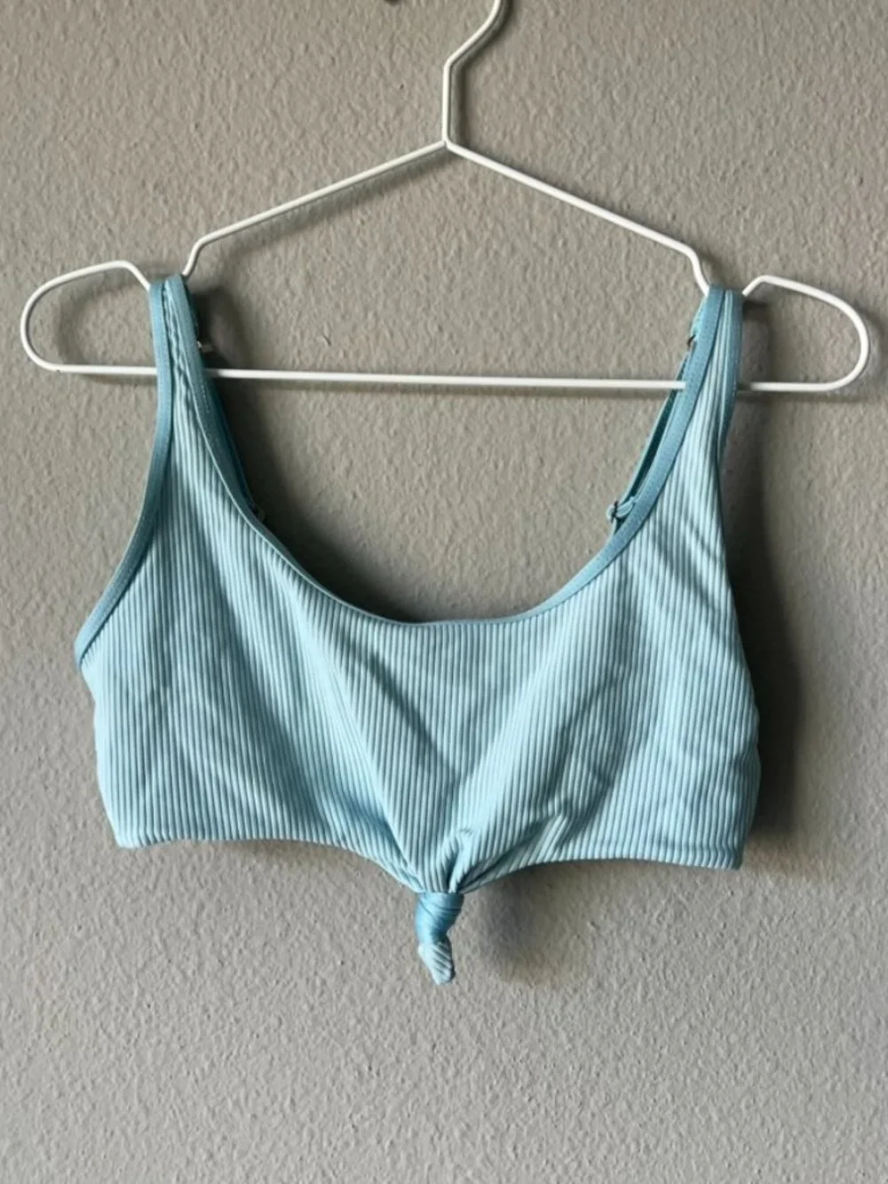 FRANKIES BIKINIS Sky Blue Ribbed Front Knot Tie Bralette Bikini Top Size M